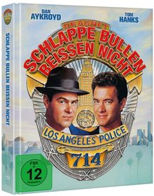 Es zeigt zwei Männer, "SCHLAPPE BULLEN BEISSEN NICHT", "LOS ANGELES POLICE 714", "FSK ab 12", mit Stadtsilhouette.