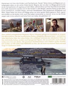 Text: Informationen zur isländischen Natur und der Film "THE LOVE THAT REMAINS". Szenen mit Menschen in der Natur und einem Haus. Ein Mann auf einem Foto. Unten ein Auto vor einer Landschaft mit Hund.