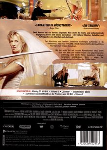 Texte: "TARANTINO IN HÖCHSTFORM!" und "EIN TRIUMPF." Eine Frau mit Schwert in einem weißen Kleid, daneben eine Kampfszene.