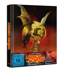 Der Text lautet: "American Monster", "FSK ab 16 freigegeben", "Ein Larry Cohen Film", "mit David Carradine und Richard Roundtree". Gezeigt wird ein Drache vor einem gelben Mond.