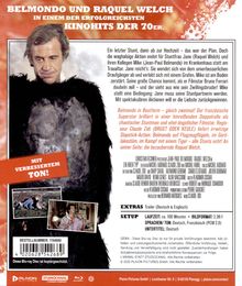 **Texte:** "Belmondo und Raquel Welch in einem der erfolgreichsten Kinohits der 70er."  
**Illustration:** Mann in Gorillakostüm, zwei Filmszenen.