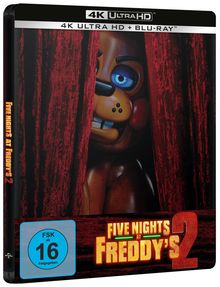 "Five Nights at Freddy's 2" in leuchtenden Buchstaben, ein Roboter-Teddy schaut durch rote Vorhänge. FSK 16.