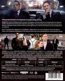 "Hollywood-Star Tom Hardy in einer Doppelrolle als Gangsterzwillings-Paar Kray."  
Zwei Männer im Anzug in einem Auto. Darunter Szenenbilder.