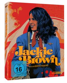 „Jackie Brown“, „FSK ab 16 freigegeben“, „Ein Film von Quentin Tarantino“. Illustration einer Frau im Flugbegleiter-Outfit.