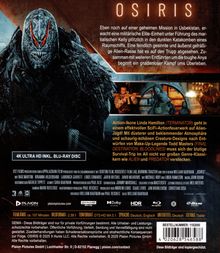 "OSIRIS" oben, darunter Text über eine Alien-Bedrohung und Kampf ums Überleben. Illustration eines bedrohlichen Aliens.