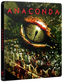 Text: "ANACONDA" in roten Buchstaben. Nahaufnahme eines Schlangenkopfes mit einem glänzenden, gelben Auge.