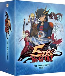 "Die komplette Serie. 5DS Yu-Gi-Oh!" Eine Anime-Illustration mit Charakteren in dynamischen Posen und Karten.