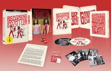 "Becoming Led Zeppelin" in roten Buchstaben, mehrere CDs, Fotos und ein Brief auf rotem Hintergrund.