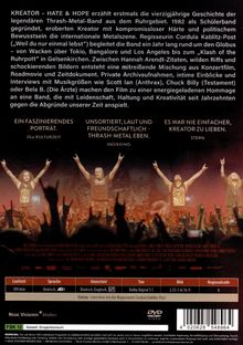 Texte: Titel "KREATOR – HATE & HOPE", Zitate von 3sat KULTURZEIT, INDIEKINO, STERN, technische Infos zu Sprache und Laufzeit. 

Bildbeschreibung: Vier Bandmitglieder auf der Bühne, Publikum mit erhobenen Armen.