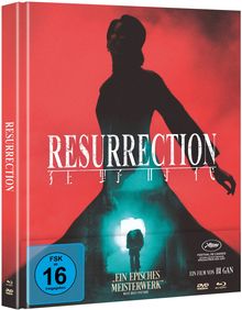 "RESURRECTION", FSK 16, "Ein episches Meisterwerk". Silhouette vor rotem Hintergrund, Person in beleuchteter Höhle.