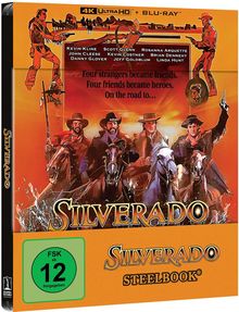 „Four strangers became friends. Four friends became heroes. On the road to... Silverado“ steht über Western-Szene. FSK 12.