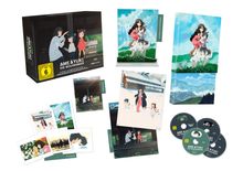 Das Bild zeigt eine Blu-ray-Box von "Ame & Yuki: Die Wolfskinder" mit Illustrationen von Figuren und Landschaften.