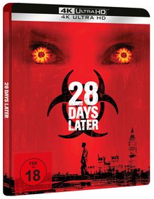 "28 Days Later" in weißer Schrift, Biohazard-Symbol, rote Augen, London-Silhouette, 4K Ultra HD, FSK 18.