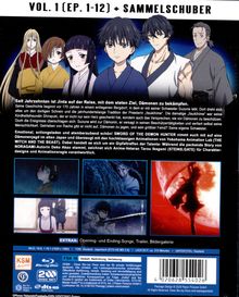 VOL. 1 (EP. 1-12) + SAMMELSCHUBER. Szenen mit Charakterbildern, Anime-Stil mit fünf Figuren, Info über Inhalte und Extras.