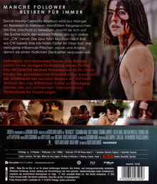 "Manche Follower bleiben für immer" steht oben. Eine blutverschmierte Frau ist rechts zu sehen. Unten drei Filmausschnitte.