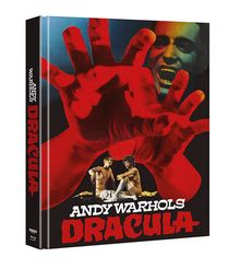 "ANDY WARHOLS DRACULA" steht in roten Buchstaben. Zwei Männer in weißen Hemden, große rote Hand im Vordergrund, schreiendes Gesicht.