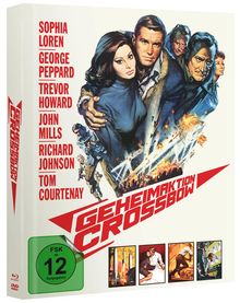 „SOPHIA LOREN, GEORGE PEPPARD“ und weitere Namen. „GEHEIMAKTION CROSSBOW“. Illustration mit Flammen und Explosionen.