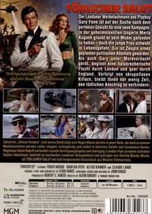 „TÖDLICHER SALUT. Der Londoner Werbefachmann und Playboy Gary Fenn ist auf der Suche...“ zeigt einen elegant gekleideten Mann.