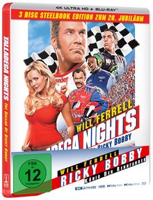 "3 DISC STEELBOOK EDITION ZUM 20. JUBILÄUM", "WILL FERRELL", "RICKY BOBBY", "KÖNIG DER RENNFAHRER", bunte Rennszene mit Figuren.
