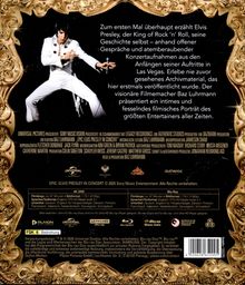 Text über Elvis Presley, King of Rock ’n’ Roll, gefolgt von einem Porträt in einem weißen Anzug mit Mikrofon.