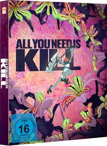 Text: "ALL YOU NEED IS KILL". Eine Illustration zeigt eine figur im Kampf mit bunten, alienartigen Pflanzen.