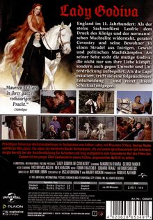 "Lady Godiva" in roter Schrift, Text über England im 11. Jh., mutige Godiva kämpft gegen Unrecht. Bild einer Frau auf einem weißen Pferd.