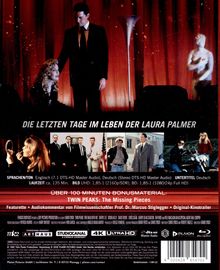 „Die letzten Tage im Leben der Laura Palmer“. Szenenbilder und roter Vorhang mit zwei Personen, einer sitzend, der andere stehend.