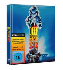 „DEEP STAR SIX, 4K Ultra HD, FSK 16“. Taucheranzug und Monster auf blauem Hintergrund.