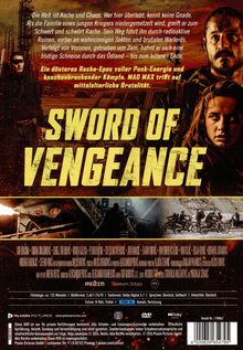 "Sword of Vengeance" steht groß. Ein finsteres Rache-Epos voller Energie und Kämpfe. Bild von düsterer Landschaft und Kriegern.