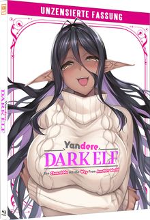 „UNZENSIERTE FASSUNG“, „Yandere DARK ELF“. Anime-Figur mit dunkler Haut, langen Haaren und spitzen Ohren in weißem Pullover.