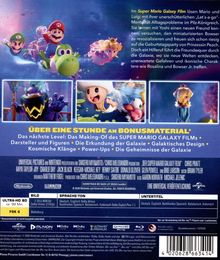 Texte beschreiben den Super Mario Galaxy Film, inklusive Bonusmaterial über Making-Of, Figuren und galaktisches Design. Oben sieht man Mario, Luigi und andere Charaktere in einer Weltraumlandschaft.