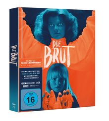 Texts: "Die Brut", "Ein Film von David Cronenberg", "FSK 16". Blau-orange Bild, Frau im Hintergrund, Kind und Personen in Anzügen.