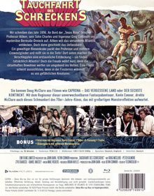 „Tauchfahrt des Schreckens“ in gelber Schrift auf rotem Hintergrund. Text beschreibt ein Abenteuer mit Monstern und Atlantis.