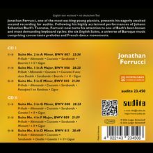 Text beschreibt musikalische Werke von Johann Sebastian Bach, präsentiert von Jonathan Ferrucci auf zwei CDs.