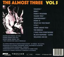 „THE ALMOST THREE VOL 5“ Album-Titel und Songliste. Links spielt jemand E-Gitarre. Logos unten, Details in weißem Text.