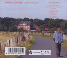 Albumcover "mathias schüller - der goldene plan" mit Liedtiteln. Landstraße mit Person, Backsteinhaus und Feld im Hintergrund.