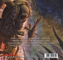 Trackliste: Rust, Vengeance My Brother, Deceiver, Sinister Warfare, He Who Never Sleeps. Skelettartige Figur mit Hörnern.