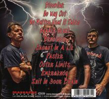 Roter Text mit Songtiteln: "Bloodline, No Way Out..." Vier Männer unter einem düsteren Himmel mit Blitzen.