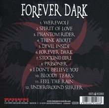 "FOREVER DARK" gefolgt von einer Liste von zwölf Titeln, darunter "WEREWOLF" und "BLOODY TEARS". Dunkler, mystischer Hintergrund.