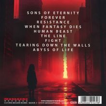 Texte: "Sons of Eternity, Forever, Resistance, When Fantasy Dies, Human Beast, The Line, Fight, Tearing Down the Walls, Abyss of Life." Illustration: Eine Silhouette eines Kindes steht in einer apokalyptischen, rot beleuchteten Stadt.