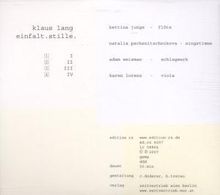 Klaus Lang (geb. 1971): Einfalt.Stille, CD