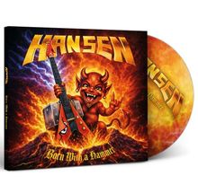 Der Text oben lautet "HANSEN" und unten "Born With a Hammer". Ein kleiner Teufel hält eine Gitarre vor flammendem Hintergrund.