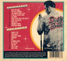 Comebacks: 10 Songs; Breakers: 10 Songs; dickbrave.de. Illustration eines Mannes mit Mikrofon und Schriftzug "Dick Brave".