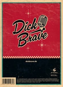 „Dick Brave“, dickbrave.de, Retro-Stil, Mikrofon-Illustration, rot-weißes Schachbrettmuster, vintage Designelemente.