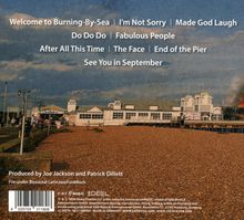 "Welcome to Burning-By-Sea" und andere Titel sind oben. Unten Produzenten: Joe Jackson und Patrick Dillett. Küstenansicht mit Pier.