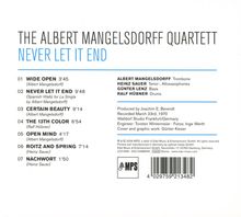 "THE ALBERT MANGELSDORFF QUARTETT - NEVER LET IT END. Titel wie 'WIDE OPEN', 'NEVER LET IT END' und Musiker aufgelistet."