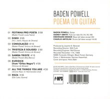 "Baden Powell - Poema on Guitar" mit Titeln und Laufzeiten wie "Feitinha pro Poeta 5:58". Nennung von Mitwirkenden.