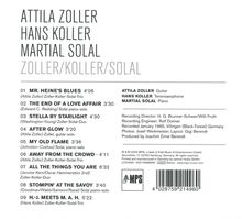 ATTILA ZOLLER, HANS KOLLER, MARTIAL SOLAL. Titel wie "MR. HEINE'S BLUES", "THE END OF A LOVE AFFAIR". Instrumente: Gitarre, Tenorsaxophon, Piano.