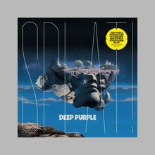 Text: "SPLAT!" und "DEEP PURPLE". Gelber Sticker: Neues Album. Illustration: Schwebende Felslandschaft mit Bäumen.