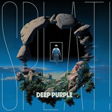 "DEEP PURPLE" vor einer surrealen Landschaft. Ein Mann geht durch einen Felsenbogen ins Ungewisse.
